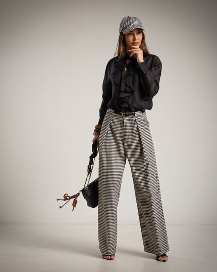 Damen - Palazzo Hosen - Principe di Galles mit Gürtel – Schwarz - Tiz Mode