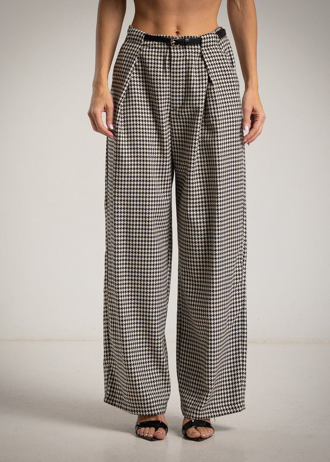 Damen - Palazzo Hosen - Principe di Galles mit Gürtel – Schwarz - Tiz Mode