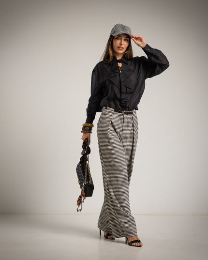 Damen - Palazzo Hosen - Principe di Galles mit Gürtel – Schwarz - Tiz Mode