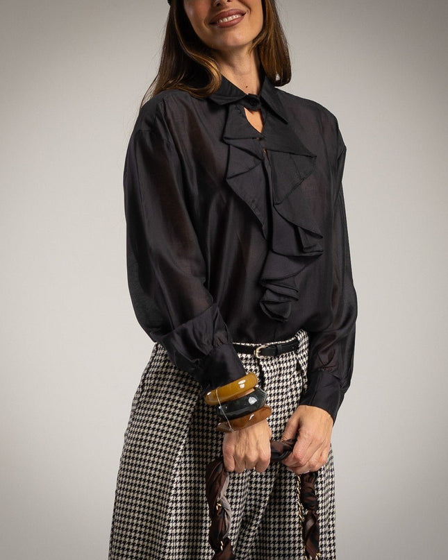 Damen - Palazzo Hosen - Principe di Galles mit Gürtel – Schwarz - Tiz Mode