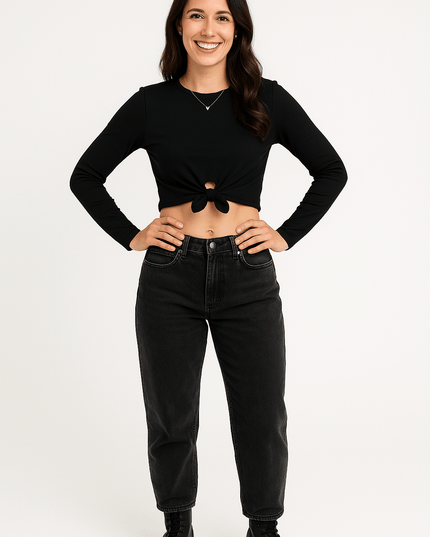 🖤 Pullover Schwarz mit Knoten - Detail – 100% Bio - Baumwolle - Tiz Mode